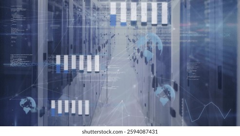 Image of data processing and network of connections over server room. Global technology, computing and digital interface concept digitally generated image.