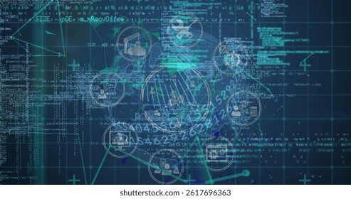 Image of data processing and network of connections over blue background. global connections, data processing and digital interface concept digitally generated image.