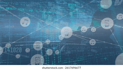 Image of data processing and network of connections over blue background. global connections, data processing and digital interface concept digitally generated image.