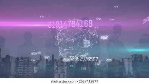 Image of data processing and network of connections over cityscape. Global science, connections, data processing and digital interface concept digitally generated image.
