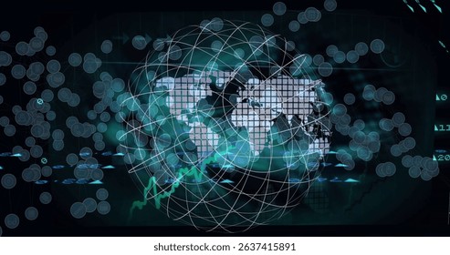 Image of data processing with network of connections over world map and globe. Global business, computing and digital interface concept digitally generated image.