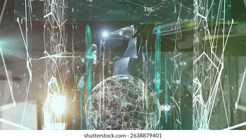 Image of data processing and network of connections with icons over female mechanic. Global business, finances and digital interface concept digitally generated image.