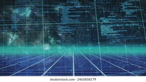 Image of data processing with networks of connections. Global connections technology digital interface and connections concept digitally generated image.