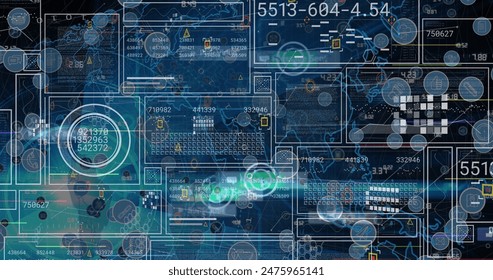 Image of data processing and networks of connections over integrated circuit. Global connections and data processing concept digitally generated image.