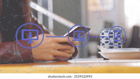 Image of data processing and networks over man using smartphone. Global computing, networks, business, finance and data processing concept digitally generated image.