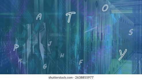 Image of data processing and networks over computer server room. Global communication, business, data and digital interface concept digitally generated image.