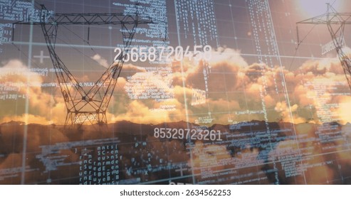 Image of data processing and numbers over electricity poles. Energy, electricity, data processing, security and technology concept digitally generated image.