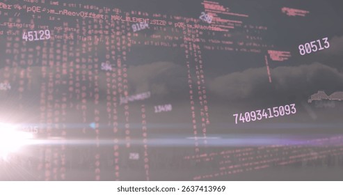 Image of data processing and numbers over space with lights. Global network, data processing and technology concept digitally generated image.