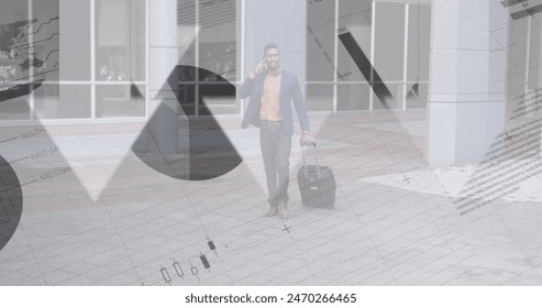 Image of data processing on african american businessman with trolley bag talking on smartphone. Computer interface and business data technology concept - Powered by Shutterstock