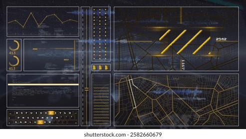 Image of data processing on black background. Global technology, computing and digital interface concept digitally generated image.