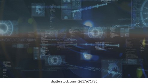 Image of data processing on black background. global business, finances, connections and digital interface concept digitally generated image.