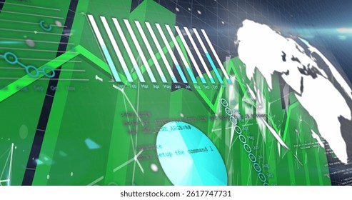 Image of data processing on black background. global technology, computing and digital interface concept digitally generated image.