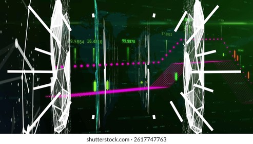 Image of data processing on black background. global technology, computing and digital interface concept digitally generated image.