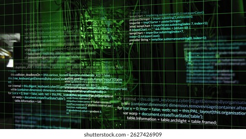 Image of data processing on black background. network, programming, computers and technology concept digitally generated image.