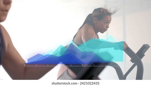 Image of data processing on blue graph over diverse women cross training on ellipticals at gym. Fitness, exercise, strength, data, digital interface and technology digitally generated image.