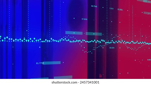 Image of data processing on blue background. Global business and digital interface concept digitally generated image.
