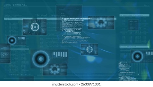 Image of data processing on blue digital screens. Data processing, computers and technology concept digitally generated image.