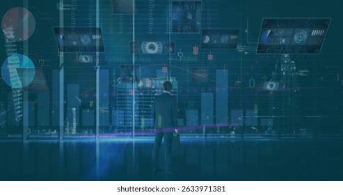 Image of data processing on blue digital screen. Business, data processing and technology concept digitally generated image.