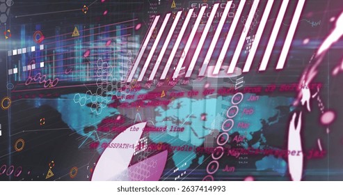 Image of data processing on blue background. Global business and digital interface concept digitally generated image.