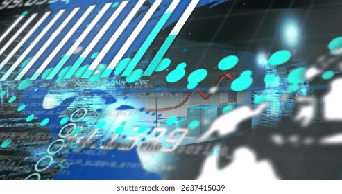 Image of data processing on blue background. Global business and digital interface concept digitally generated image.