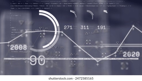 Image of data processing on blurred background. Global business, computing and digital interface concept digitally generated image.
