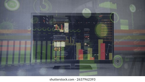 Image of data processing on computer screen and diverse graphs. Network, data processing, digital screen and communication concept digitally generated image.