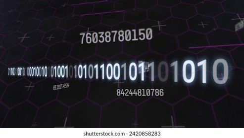 Image of data processing on dark background. Global connections, data processing and digital interface concept digitally generated image.