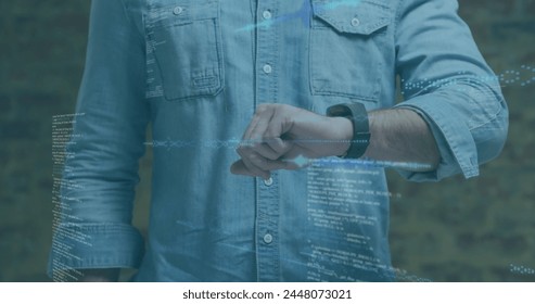 Image of data processing on digital screen over midsection of caucasian man using smartwatch. Active lifestyle, communication and technology concept digitally generated image. - Powered by Shutterstock - Get 15% off with code: PIKWIZARD15