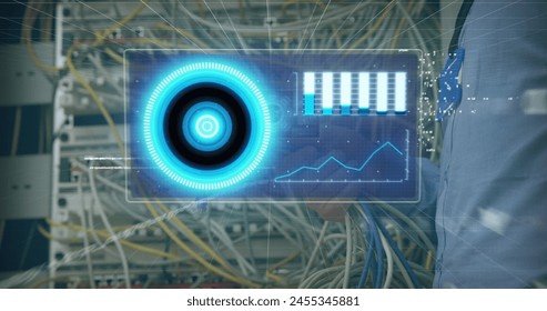 Image of data processing on digital screen over hands of caucasian man holding wires. Network, computers, data processing and technology concept digitally generated image.