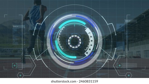 Image of data processing on digital screen over african american male runner with running blade. Sport, active lifestyle with disability and data processing concept digitally generated image.