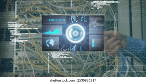 Image of data processing on digital screen over hands of caucasian man holding wires. Network, computers, data processing and technology concept digitally generated image.
