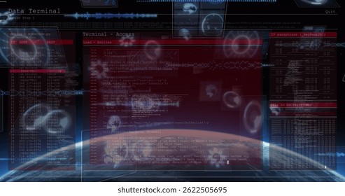 Image of data processing in on digital screen over globe. computers, network, data processing and digital interface concept digitally generated image.