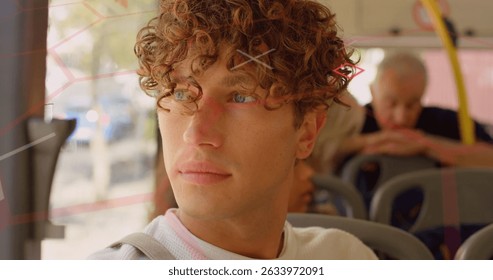 Image of data processing on digital screen over caucasian man in bus. Data processing, digital interface, communication and technology concept digitally generated image.