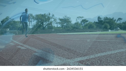 Image of data processing on digital screen over african america male runner with running blade. Sport, active lifestyle with disability and data processing concept digitally generated image.