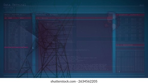 Image of data processing on digital screens over electricity poles. Energy, electricity, data processing, security and technology concept digitally generated image.