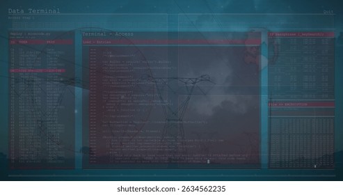 Image of data processing on digital screens over electricity poles. Energy, electricity, data processing, security and technology concept digitally generated image.