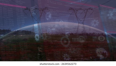 Image of data processing on digital screens over electricity poles. Energy, electricity, data processing, security and technology concept digitally generated image.