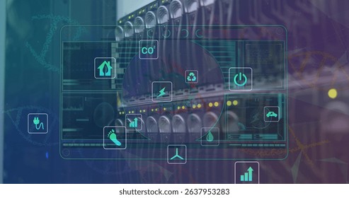 Image of data processing on digital screen and eco icons over machine. Network, data processing, digital screen and communication concept digitally generated image. - Powered by Shutterstock - Get 15% off with code: PIKWIZARD15