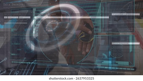 Image of data processing on digital screen and hands of fit woman putting on gloves. Network, data processing, digital screen and communication concept digitally generated image. - Powered by Shutterstock - Get 15% off with code: PIKWIZARD15