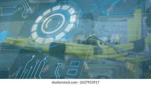 Image of data processing on digital screen over computer wire. Network, data processing, digital screen and communication concept digitally generated image. - Powered by Shutterstock - Get 15% off with code: PIKWIZARD15