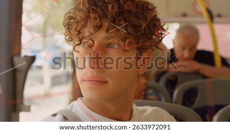 Image of data processing on digital screen over caucasian man in bus. Data processing, digital interface, communication and technology concept digitally generated image.