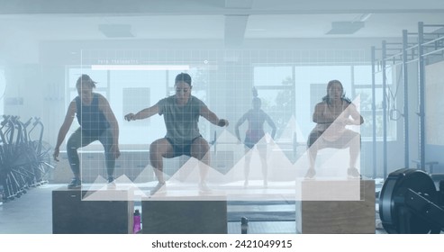 Image of data processing on graphs over montage of diverse women cross training at gym. Fitness, exercise, strength, data, digital interface and technology digitally generated image.