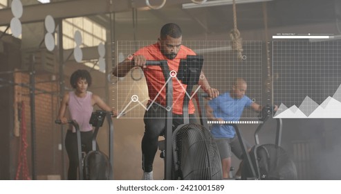 Image of data processing on interface over diverse group cross training on ellipticals at gym. Fitness, exercise, strength, data, digital interface and technology digitally generated image. - Powered by Shutterstock