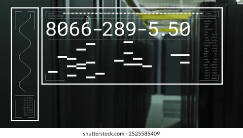 Image of data processing on interface screen over server room. Network, data, processing, digital interface and communication, digitally generated image.