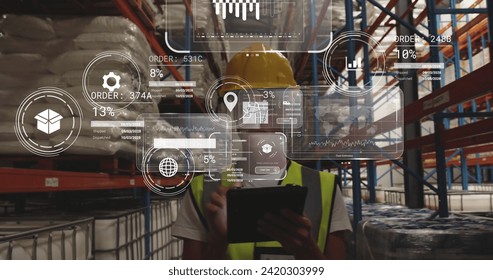 Image of data processing on screen over caucasian woman working in warehouse. Global shipping, networks, digital interface, computing and data processing concept digitally generated image.