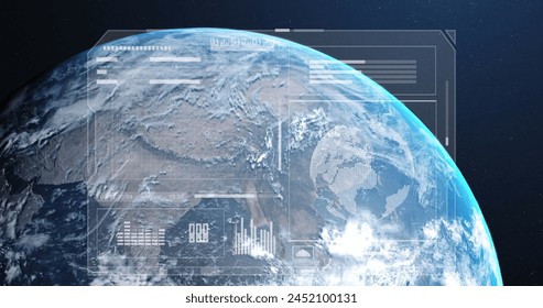 Image of data processing on screen over earth globe on blue background. Global business, environment and data processing concept digitally generated image.