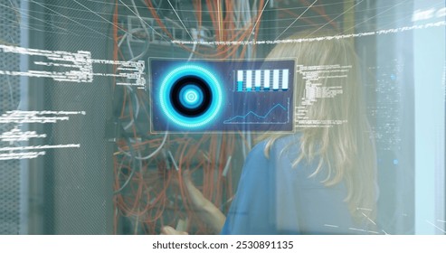 Image of data processing on screen over computer wires. computers, network, data processing, technology and digital interface concept digitally generated image.