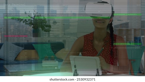 Image of data processing on screen with glitch and woman using vr headset. global data processing, communication, digital interface, technology and networking concept digitally generated image.