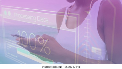 Image of data processing on screen over woman using smartphone. global communication, digital interface, technology and networking concept digitally generated image.