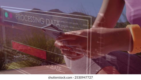 Image of data processing on screen over woman using smartphone. global communication, digital interface, technology and networking concept digitally generated image.